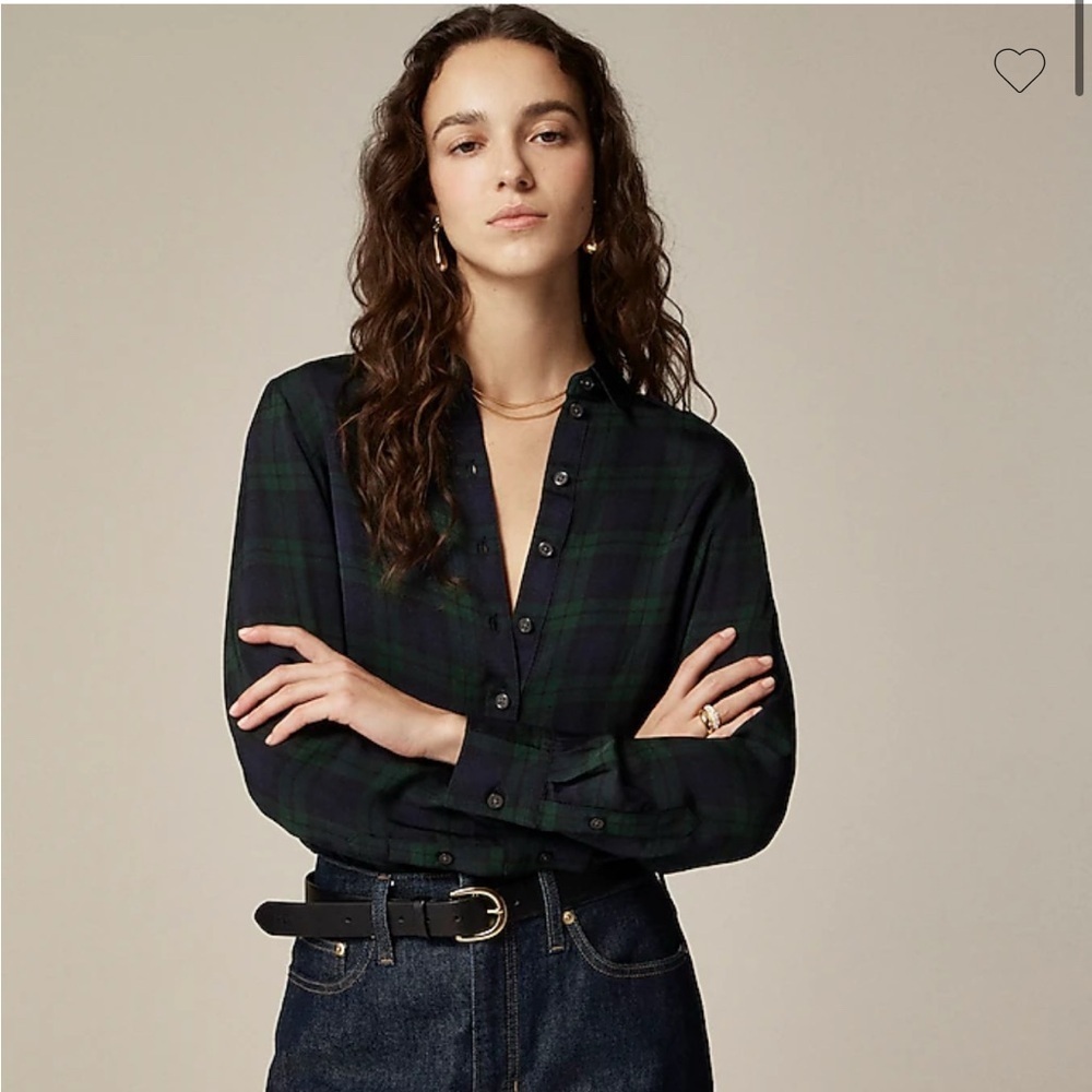 J. Crew Drapey button-up shirt in Black Watch tartan, green/black, NWT, small